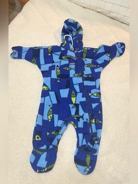 Vintage Patagonia Blue Fish Print Fleece Hooded zipper One-Piece size 12m baby